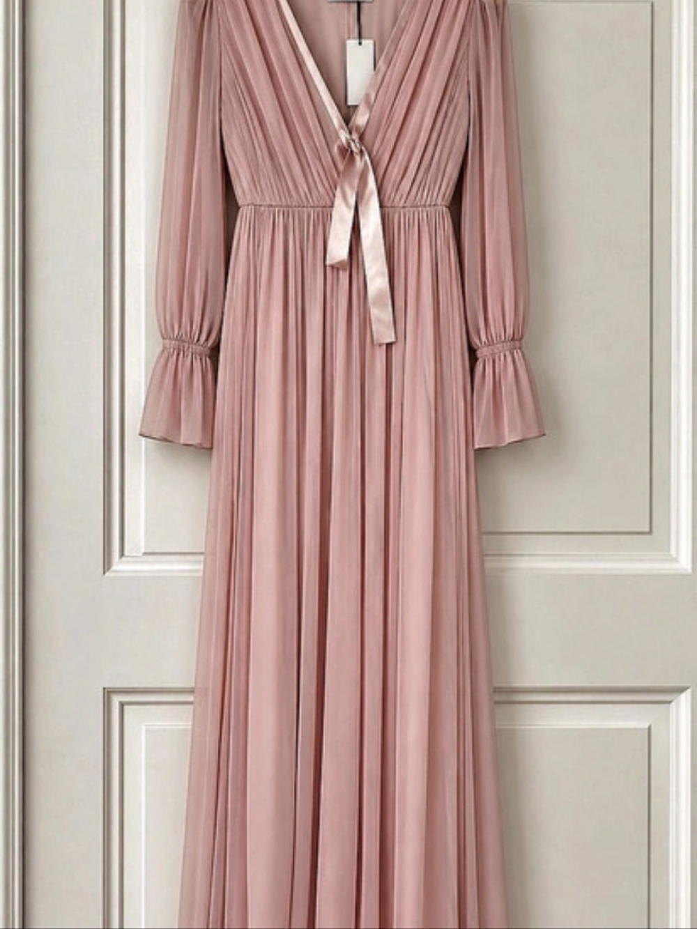 Pink Pleated Long Sleeve Dress with Neck Tie NWT